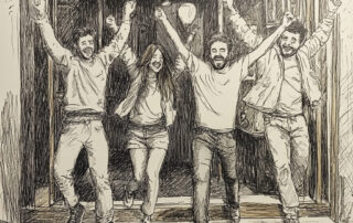 Happy friends celebrating after completing a challenging escape room at Prototype Escape Games in Jacksonville, FL