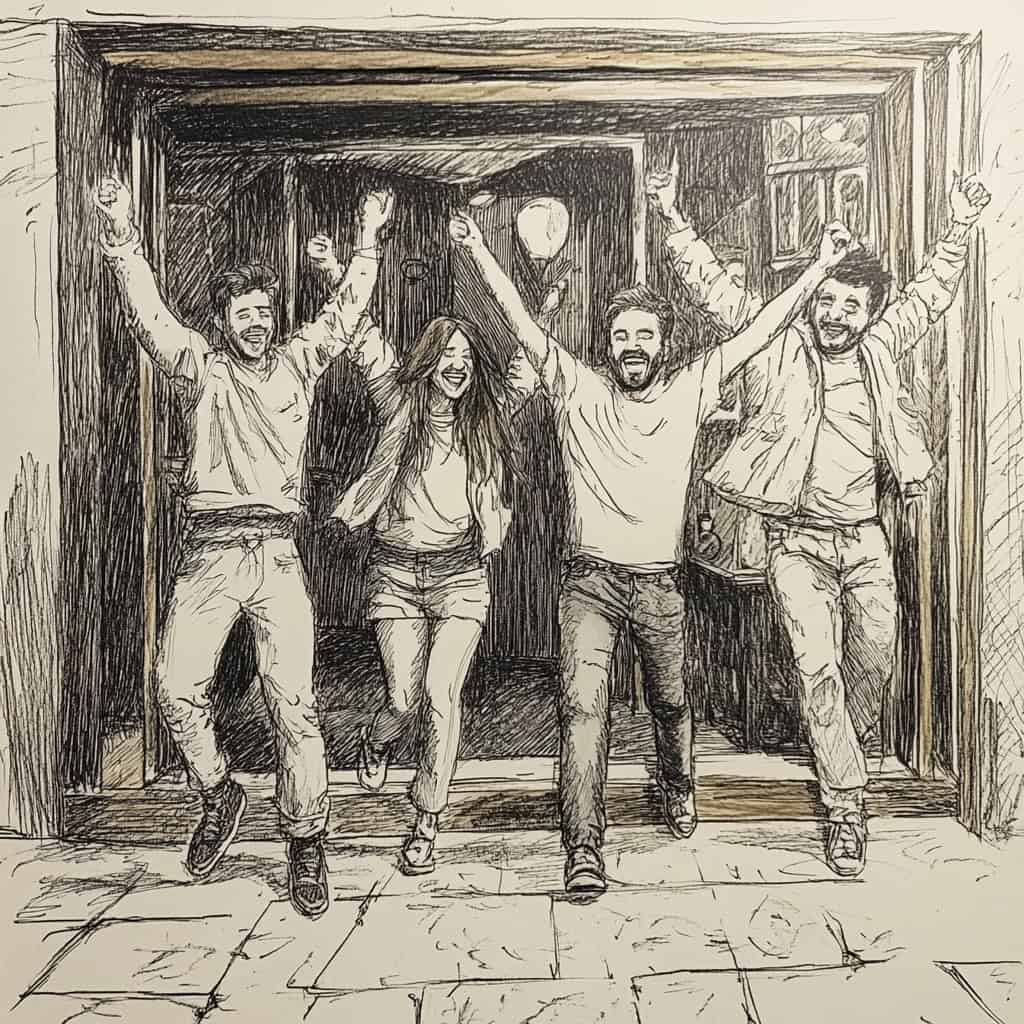 Happy friends celebrating after completing a challenging escape room at Prototype Escape Games in Jacksonville, FL